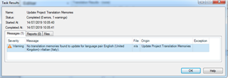 Trados Studio error message stating 'No translation memories found to update for language pair English (United Kingdom) > Italian (Italy).'