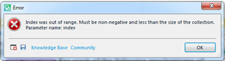 Error message in Trados Studio stating 'Index was out of range. Must be non-negative and less than the size of the collection. Parameter name: index' with an OK button.