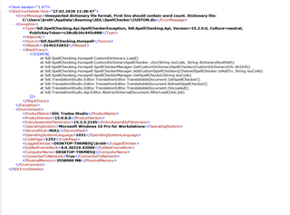 Screenshot of Trados Studio error stack with details of the exception thrown. Error message indicates an issue with SpellChecking Hunspell Dictionary. Timestamp and version details are visible.
