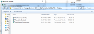 Windows Installer window showing ProgramData Package Cache directory with SDL TradosStudio2019_SR2 Modules selected.
