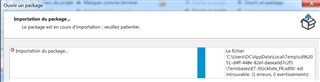 Error message during package import in Trados Studio with a file path including 'Dateien voruebersetzen.xml' and a warning icon.