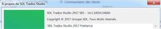 About SDL Trados Studio dialog box showing version 2017 SR1 - 14.1.10016.54660.