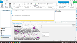 Screenshot of Trados Studio 2019 Editor view displaying the translation of msgid strings into msgstr with comments and no visible errors.