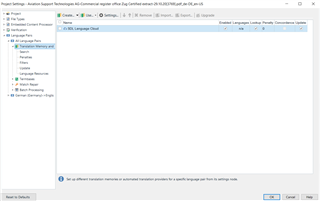 Trados Studio settings print showing Language Pairs section with a warning message 'Set different translation memories or automated translation providers for a specific language pair in settings override codes.'
