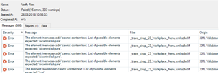 Screenshot of Trados Studio showing multiple XML Validator errors stating 'The element 'resourceid' cannot contain text. List of possible elements expected: 'resheader'.