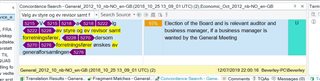 Screenshot of Trados Studio concordance search results showing repeated sentences with hidden tags highlighted in yellow and purple.