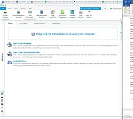 Screenshot of Trados Studio main window, not maximized, showing the welcome screen with options to open projects or browse the computer for files.