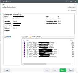 Trados Studio Open Package window showing Project Package details with file names partially obscured and no visible Browse button for saving in a different location.