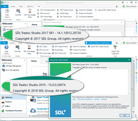 Trados Studio interface showing two version numbers: 'SDL Trados Studio 2017 SR1 - 14.1.10012.29730' and 'SDL Trados Studio 2019 - 15.0.0.29074'. A green arrow highlights the 2019 version.