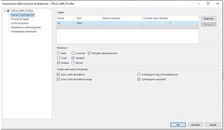 Trados Studio TM settings dialog box in Italian with options for name, type, and various checkboxes for settings.