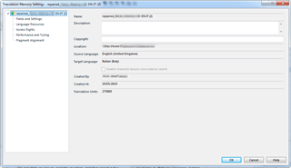 Trados Studio Translation Memory Settings window showing the language pair English (United Kingdom) > Italian (Italy) with other TM details.