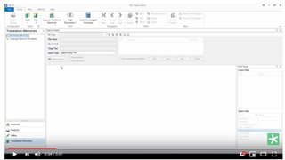 YouTube tutorial video paused on Trados Studio showing how to create a TM with New, Open, and Save TM options visible.