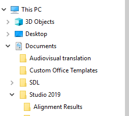 File Explorer window showing 'This PC' with folders including '3D Objects', 'Desktop', 'Documents', and an expanded 'SDL' folder containing 'Studio 2019' and 'Alignment Results'.