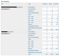 Screenshot of Trados Studio showing file details with type, segments, words, and characters for two files named 'ChanWord4.14' and 'ChanWord6.7'. No errors or warnings visible.