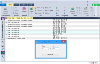 Trados Studio interface showing a project with English and transliterated Korean text. A 'delete TUs' dialog box is open with options to delete from a specific range.