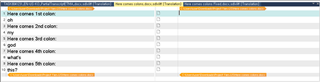 Screenshot of Trados Studio interface showing a table with multiple rows, each containing the text 'Make commas and colon the same font' without any visible errors.