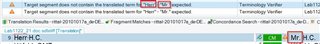 Trados Studio error message indicating a problem with punctuation, showing a red exclamation mark and the text 'Target segment does not contain the translated term - Check (US)'.