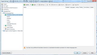 Trados Studio project settings window showing a warning message about different translation memories or automated translation providers for language pairs.