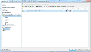 Trados Studio project settings window with an error message indicating a required field 'Name' is left empty in the Language Pairs tab.