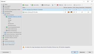 Trados Studio options window showing Language Pairs, Translation Memory and Automated Translation settings with a warning message at the bottom.