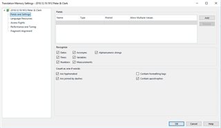 Trados Studio Translation Memory Settings dialog box with 'recognise alphanumeric strings' option checked.