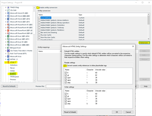 Trados Studio 2019 Project Settings window showing Advanced XML Entity Settings with a warning message about unchecked necessary settings for character conversion.