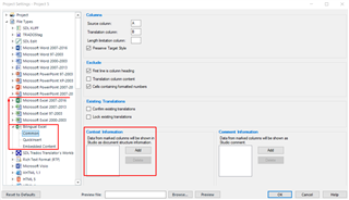 Trados Studio Project Settings window showing File Types list with Bilingual Excel selected. Settings for defining comment column are highlighted with a red box.