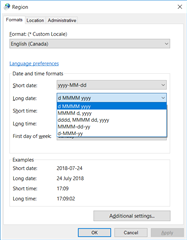 Windows Control Panel Region settings showing date formats for English (Canada) with an added custom format 'd MMMM yyyy' not present in Trados Studio.
