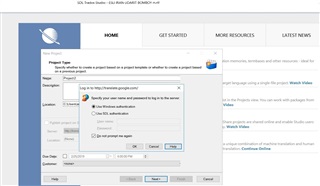 SDL Trados Studio 2014 SP2 dialog box prompting to connect to Google Translate server with options for Windows Authentication or SDL Authentication.