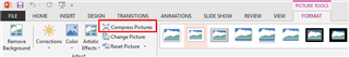 Screenshot of PowerPoint toolbar highlighting the 'Compress Pictures' option under the 'Picture Tools' tab.