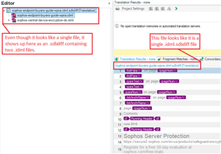 Screenshot of Trados Studio editor showing a file name with an error indicating a forced merge into a single sdlxliff instead of a virtual merge.