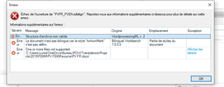 Trados Studio error message window showing 'Erreur de format de fichier PPF' and a list of issues with file paths and exceptions for Word documents in a project.