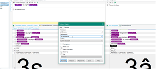 Trados Studio interface showing the 'Find and Replace' dialog box with no visible errors or warnings.