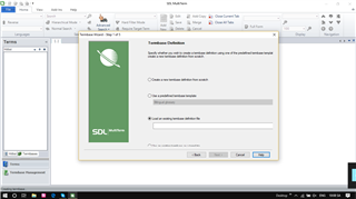 Screenshot of Trados Studio with a 'Term Recognition Options' window open, showing options to create a new termbase or use an existing termbase.