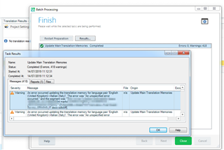 Trados Studio screenshot showing the 'Update Main Translation Memories' task completed with 0 errors and 418 warnings.