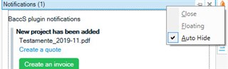 Trados Studio notification pane showing 1 new notification for BaccS plugin indicating 'New project has been added: Testamento_2019-11.pdf' with options to create a quote or invoice.