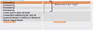 Trados Studio interface showing a list of strings with checkboxes, and a question mark indicating confusion about which string is the 'slug'.