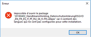 Error message in Trados Studio stating 'Impossible d'ouvrir le package' due to languages not configured for the installation.