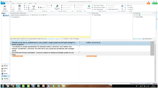 Screenshot of Trados Studio 2017 showing inconsistent use of curly and straight single quotes in the text 'J'ai'. The first two apostrophes are curly, the next two are straight, and the last two are curly.