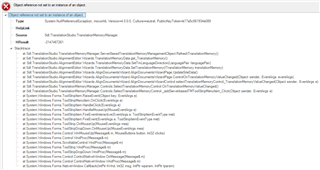 Error message in SDL Trados Studio 2015 stating 'Object reference not set to an instance of an object' with a stack trace of the error details.