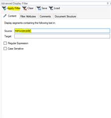 Trados Studio Advanced Display Filter window with 'menucascade' typed in the Source text field and the Apply Filter button highlighted.