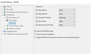 Trados Studio Verification settings with options for tag deletion, tag order change, ghost tag, and spacing around tags with corresponding error levels.