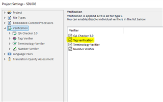 Trados Studio Project Settings window showing Verification tab with Tag Verifier 3.0 checkbox ticked.