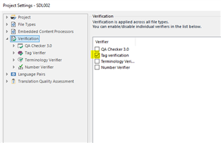 Trados Studio project settings window showing Verification tab with only 'Tag Checker 3.0' selected.