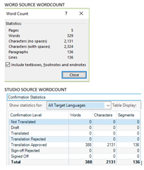 Screenshot of Trados Studio's Word Count dialog showing statistics for pages, words, characters, paragraphs, and lines, with a total of 5 pages, 2,339 words, and 13,114 characters without spaces.