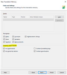 Trados Studio New Translation Memory setup window with options to select recognition of dates, numbers, alphanumeric strings, hyphenated words, measurements, and checkboxes for 'Convert as one if possible', 'Contain formatting tags', and 'Contain apostrophes'.
