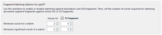 Trados Studio Project Settings showing Fragment Matching Options for TM with 'Use TM' checked and minimum values for a match set to 70% for words and 50% for significant words.