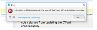 Error dialog box in Trados Studio stating 'Internal error: Multiple tags with the same ID 'talk' have different start tag properties.' with an OK button.