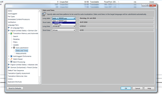 Trados Studio settings window showing date and time formats with 'd MMMM yyyy' selected under Long date.