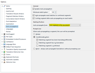 Trados Studio options menu with Auto-propagation section highlighted, showing 'First segment in the document' selected in the Starting Position dropdown.